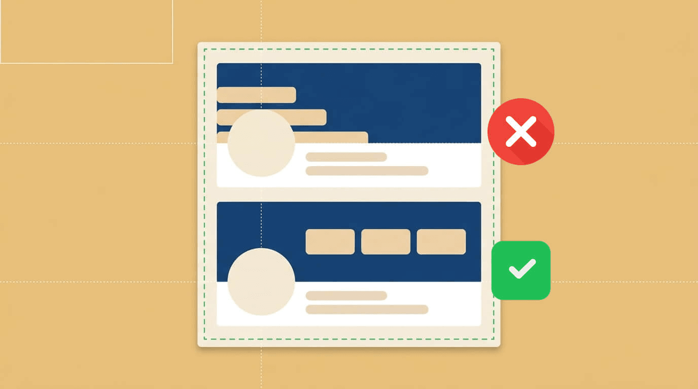 Comparison of two banner layouts: text and photo crowded into the bottom-left corner where the profile photo overlaps, versus the same content kept clear of that corner and centered instead.