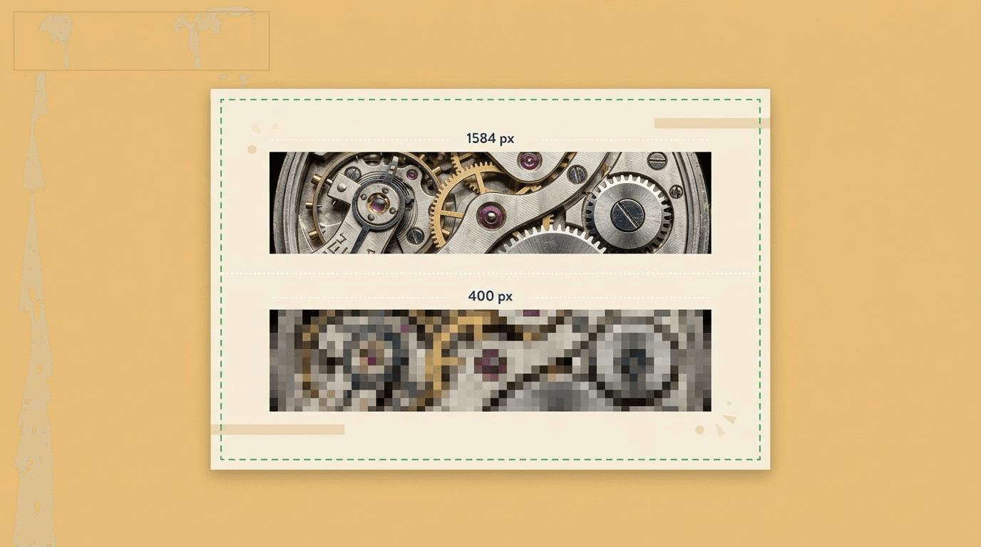 Comparison of the same photo at 1584 pixels wide, sharp, against 400 pixels wide stretched to fit the same banner, visibly blurry and pixelated.