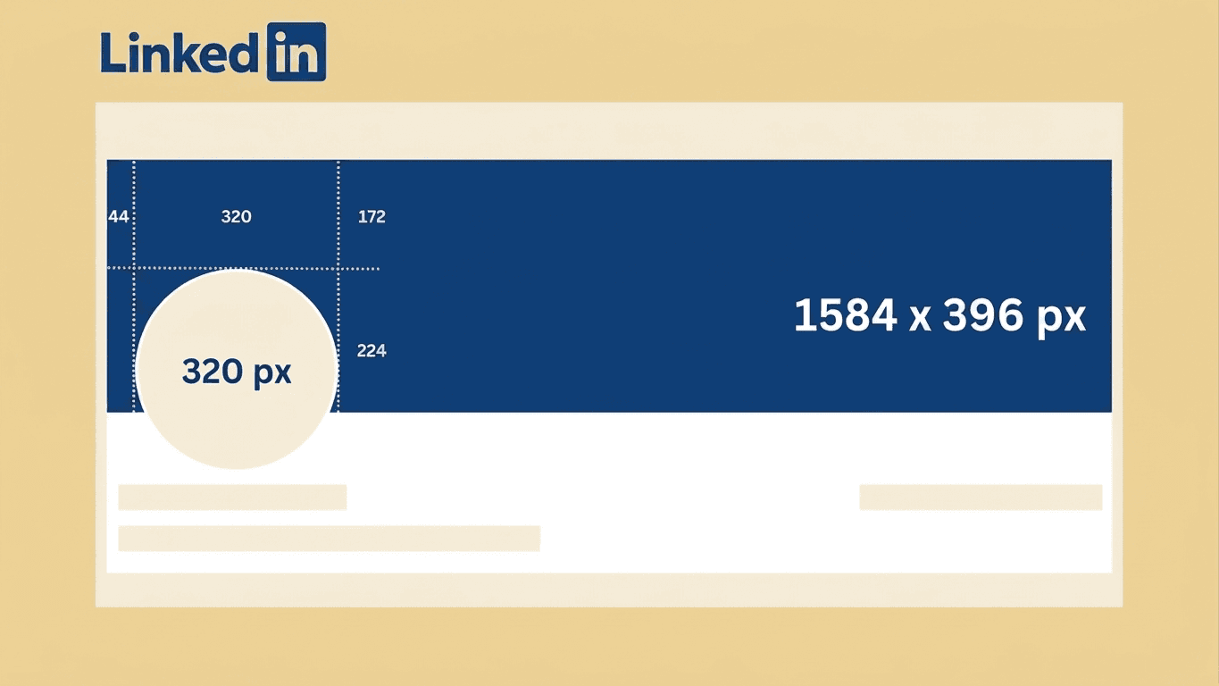 Diagram of a 1584 by 396 pixel LinkedIn banner showing the profile photo circle, 320 pixels wide, overlapping the lower-left corner, with 44 and 172 pixel margins marked on either side.