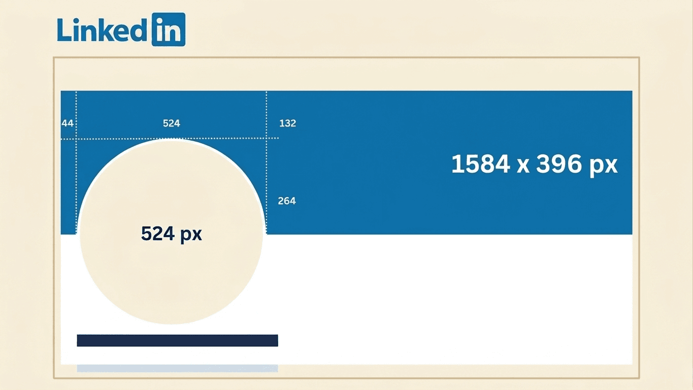 Diagram of a 1584 by 396 pixel LinkedIn banner on mobile, showing the profile photo circle, 524 pixels wide, overlapping the lower-left corner, with 44 and 132 pixel margins marked on either side.