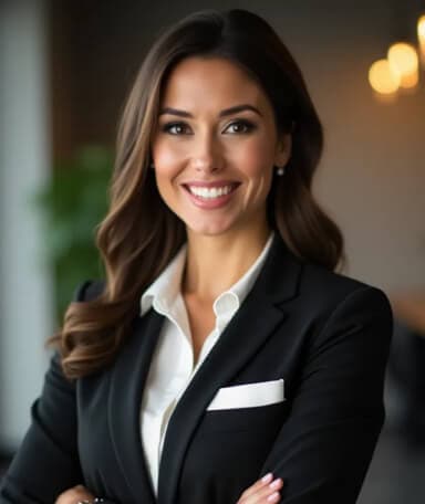 Photo professionnelle IA d'une femme en blazer noir et blouse blanche, souriant les bras croisés.