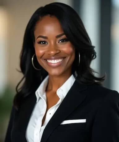Portrait professionnel IA d'une femme aux cheveux noirs mi-longs, en blazer noir avec des boucles d'oreilles.