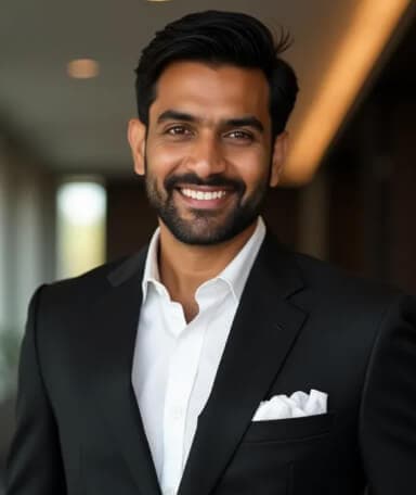 Photo corporate d'un homme en costume noir avec une pochette blanche, souriant dans un bureau moderne.