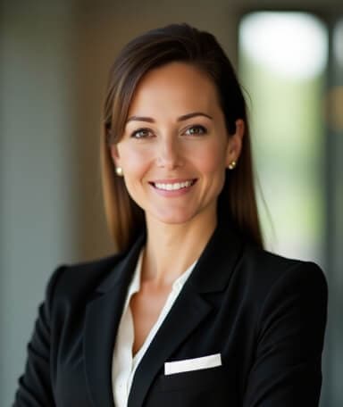 Portrait IA d'une femme en blazer noir, souriant avec un fond de bureau flouté.