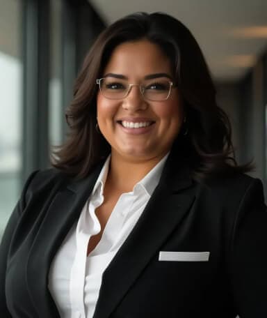 Photo d'entreprise IA d'une femme avec des lunettes, en blazer noir et blouse blanche, souriant.