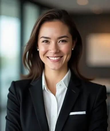 Portrait corporate d'un homme en costume noir et cravate, souriant dans un environnement de bureau.