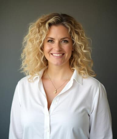 Professional AI-generated headshot of a smiling woman with curly blonde hair, wearing a white blouse, standing against a neutral background.
