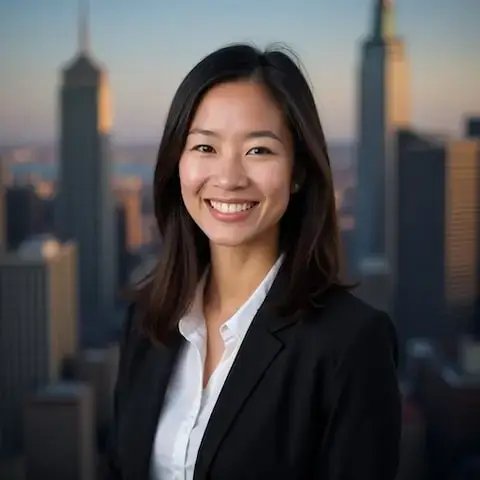 一位女性的微笑头像，穿着黑色西装和白色衬衫，背景是黄昏时的城市天际线。