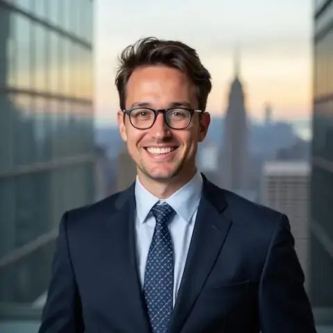 一位男性的企业头像，戴着眼镜，穿着海军蓝西装和带图案的领带，自信微笑，背景是夕阳下的城市天际线。