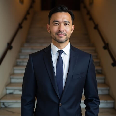 一位身穿海军蓝西装和领带的男子在楼梯上自信站立，面带温暖微笑的专业形象照。