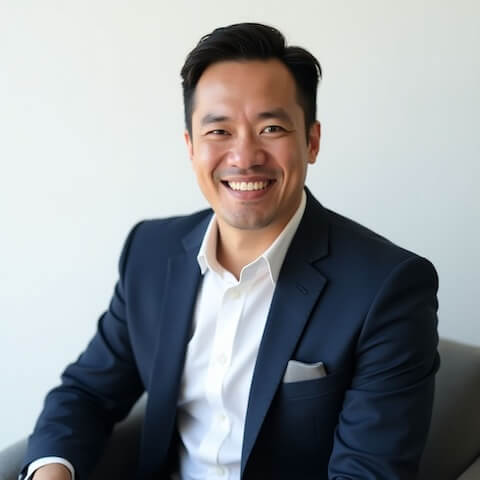 一位身穿海军蓝西装和白色衬衫的男子在现代办公环境中微笑入镜的商务照片。