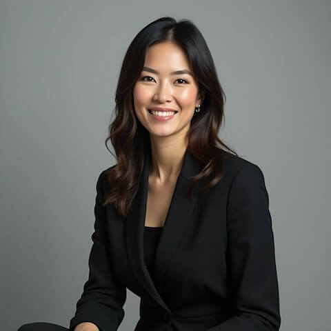 一位身穿黑色西装外套的女子在中性摄影棚背景前温暖微笑的企业形象照。