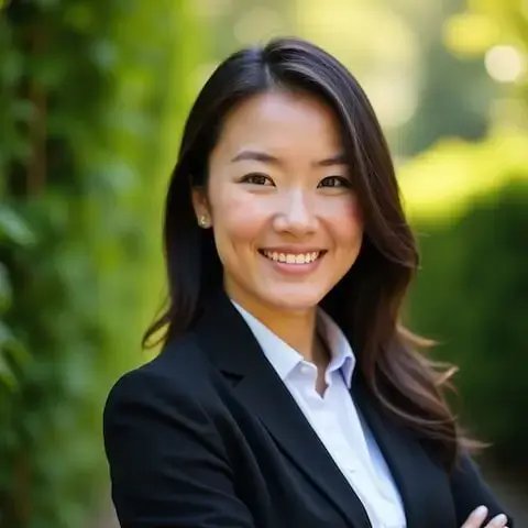 一位女性的专业头像，黑色西装搭配白色衬衫，站在户外，背景是绿意盎然的景色。适用于企业头像或商务档案。
