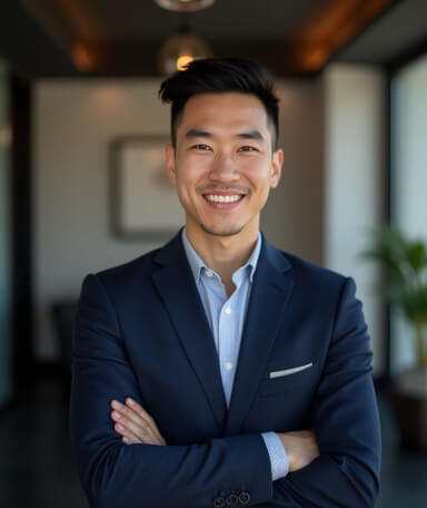 Professional headshot of a confident young man in a navy suit with arms crossed, standing in a modern office with warm lighting, ideal for LinkedIn or business profiles.
