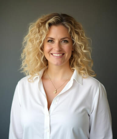 Professional AI-generated headshot of a smiling woman with curly blonde hair, wearing a white blouse, standing against a neutral background.