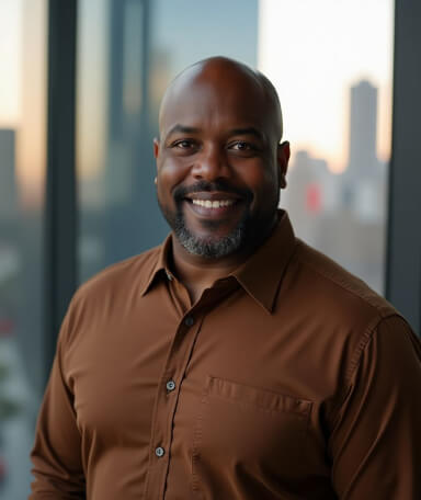 AI-generated headshot of a smiling man with a shaved head and beard, wearing a brown shirt, standing in front of a city skyline at sunset.