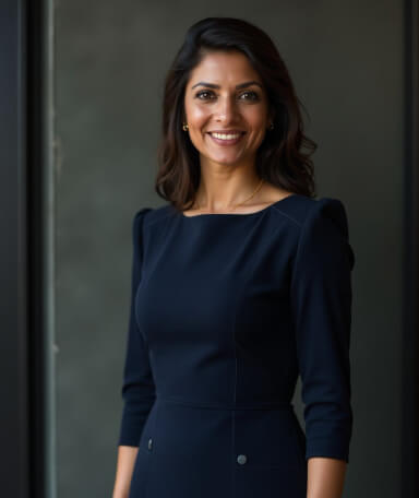 AI-generated headshot of a woman with dark hair, wearing a navy dress, standing against a dark background.