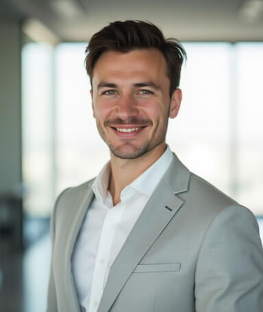 AI-generated headshot of a smiling man with short hair, wearing a light gray suit and white shirt, standing in a bright office environment.
