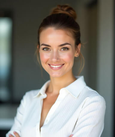 Headshot of a woman with a neat bun and a confident smile, wearing a white blouse in a softly lit office setting. Ideal for business profiles or corporate headshots.