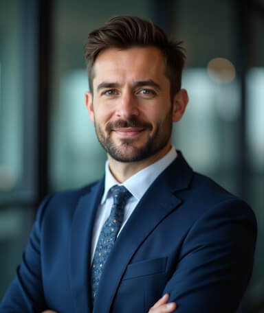 Professional headshot of a confident man with short hair and a beard, dressed in a navy suit and patterned tie, standing in a modern office with a blurred background, ideal for corporate or LinkedIn profiles.