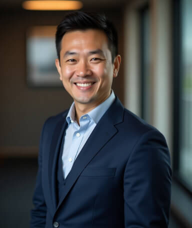 Professional business headshot of an Asian man in a navy suit and light blue dress shirt, smiling warmly at the camera against a soft-focus office background.
