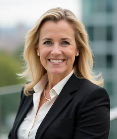 Professional business portrait of a woman with blonde hair wearing a black blazer, white blouse, pearl necklace and earrings, smiling confidently with an office building background.