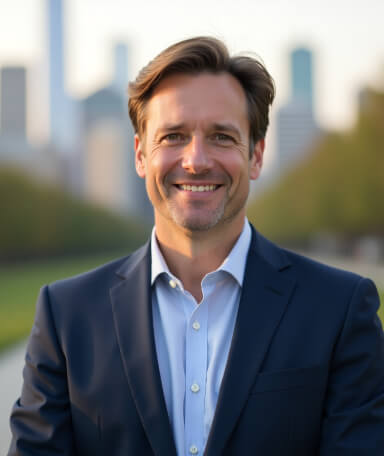 Corporate photo of a smiling man in a blue suit and light shirt, standing outdoors with a blurred urban skyline and greenery in the background, suitable for professional or personal branding.