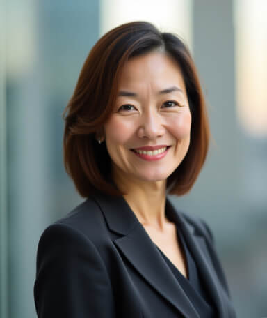 Headshot of a poised woman with short brown hair, wearing a black blazer, standing in front of a softly blurred office window, ideal for professional use or corporate profiles.