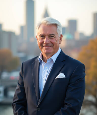 Professional portrait of a mature man with gray hair, dressed in a navy suit and light blue shirt, standing outdoors with a city skyline and autumn trees in the background, ideal for executive profiles or personal branding.