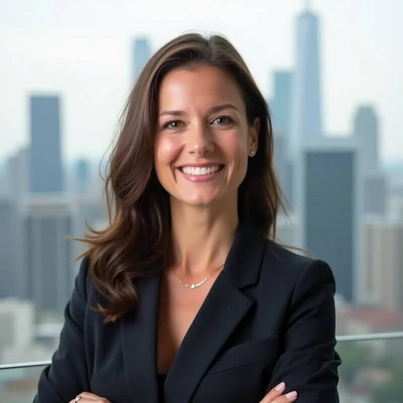 AI生成的职业形象照，一位自信的女性，棕色长发，穿着黑色西装，在现代城市天际线背景前微笑。