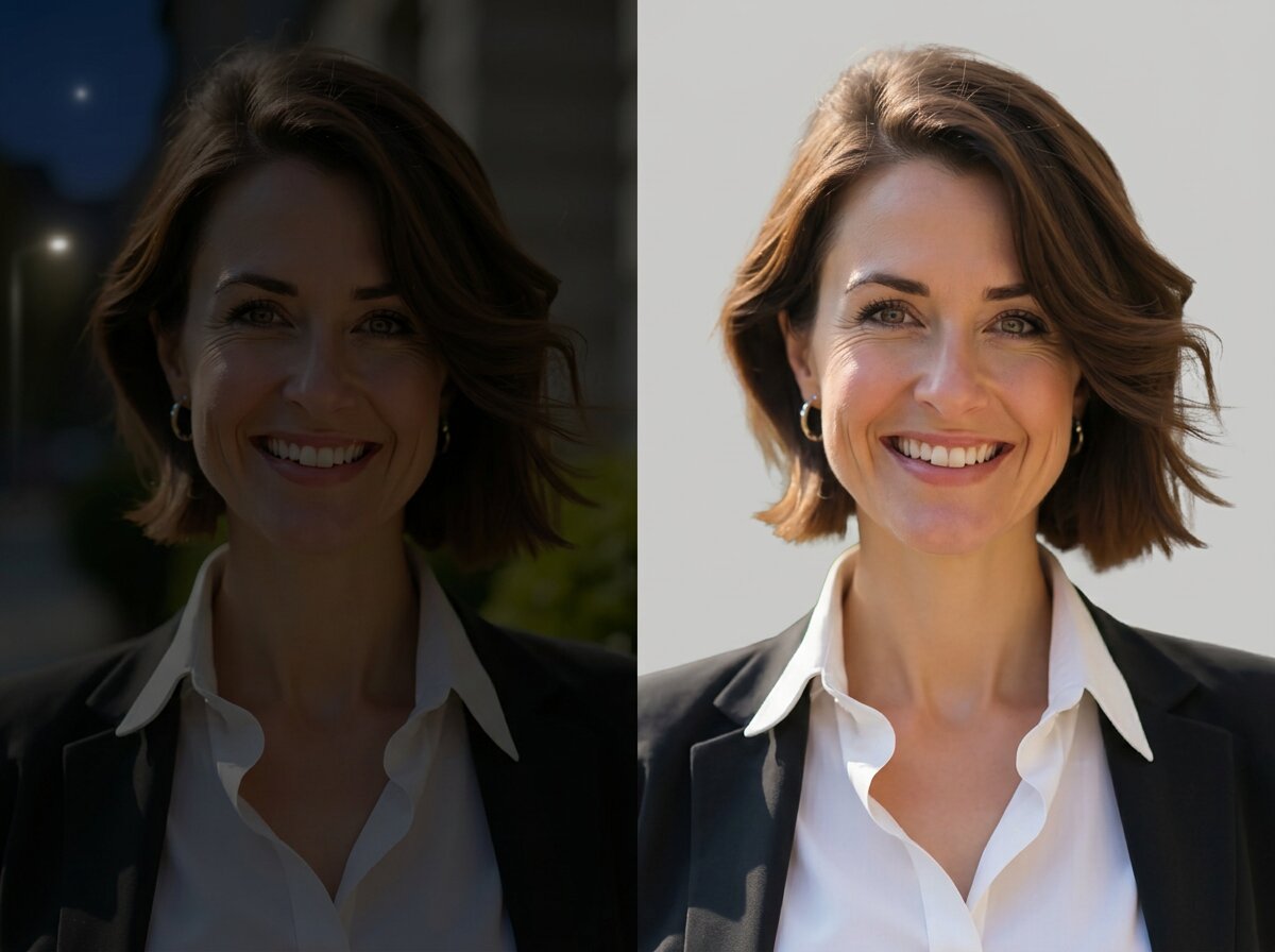 The same headshot in low evening light on its original background, beside the same photo composited onto clean light grey. The lighting itself stays exactly the same.