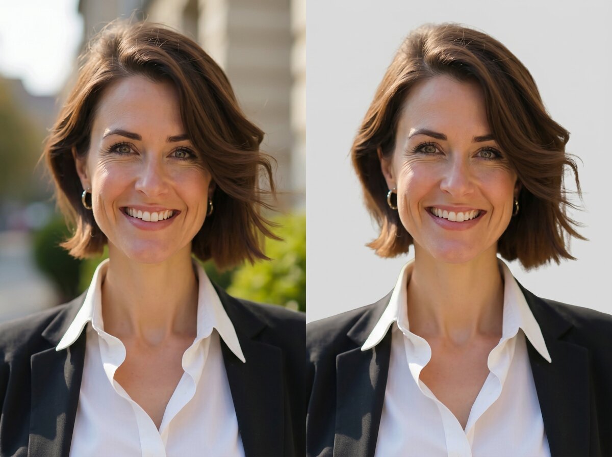 The same headshot with a blurred outdoor background, beside the same photo composited onto solid light grey.