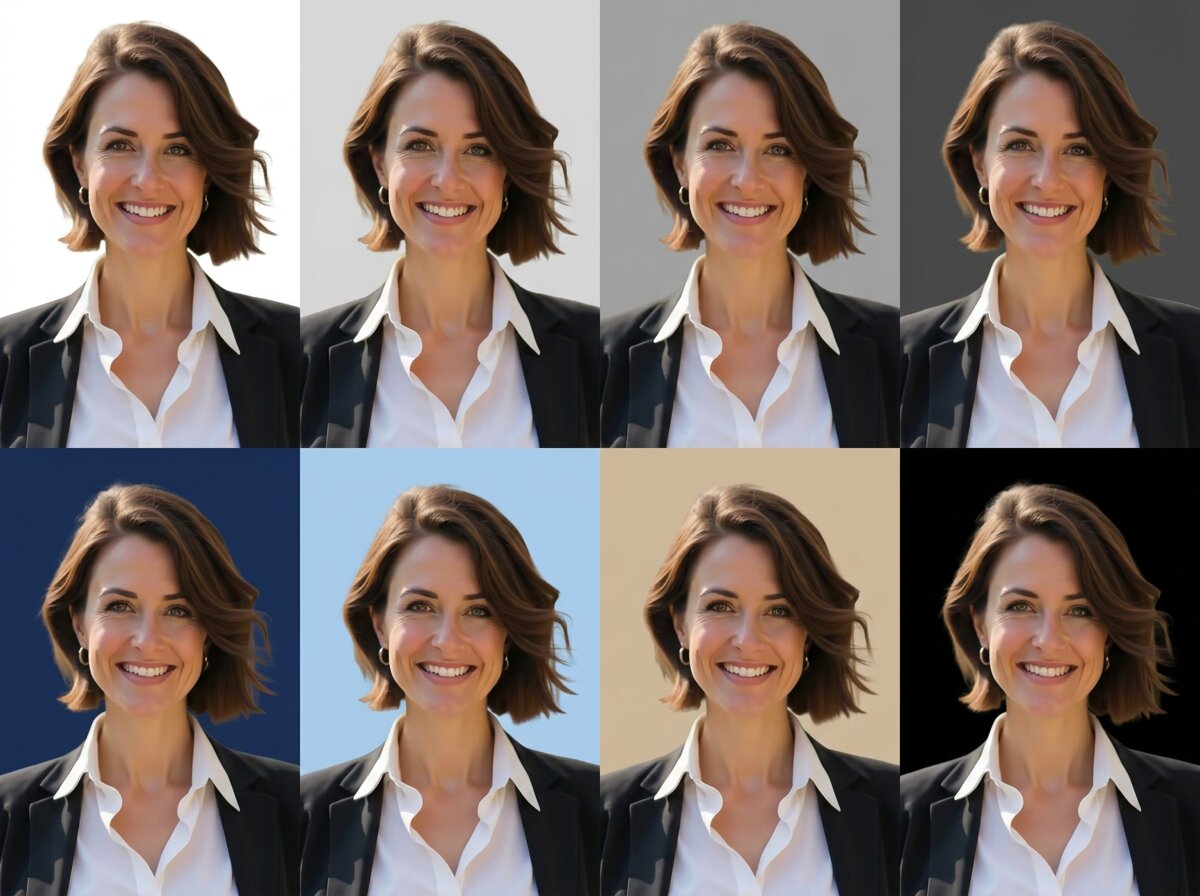 The same headshot composited onto eight standard backgrounds: white, light grey, mid grey, charcoal, navy, light blue, beige, and black.