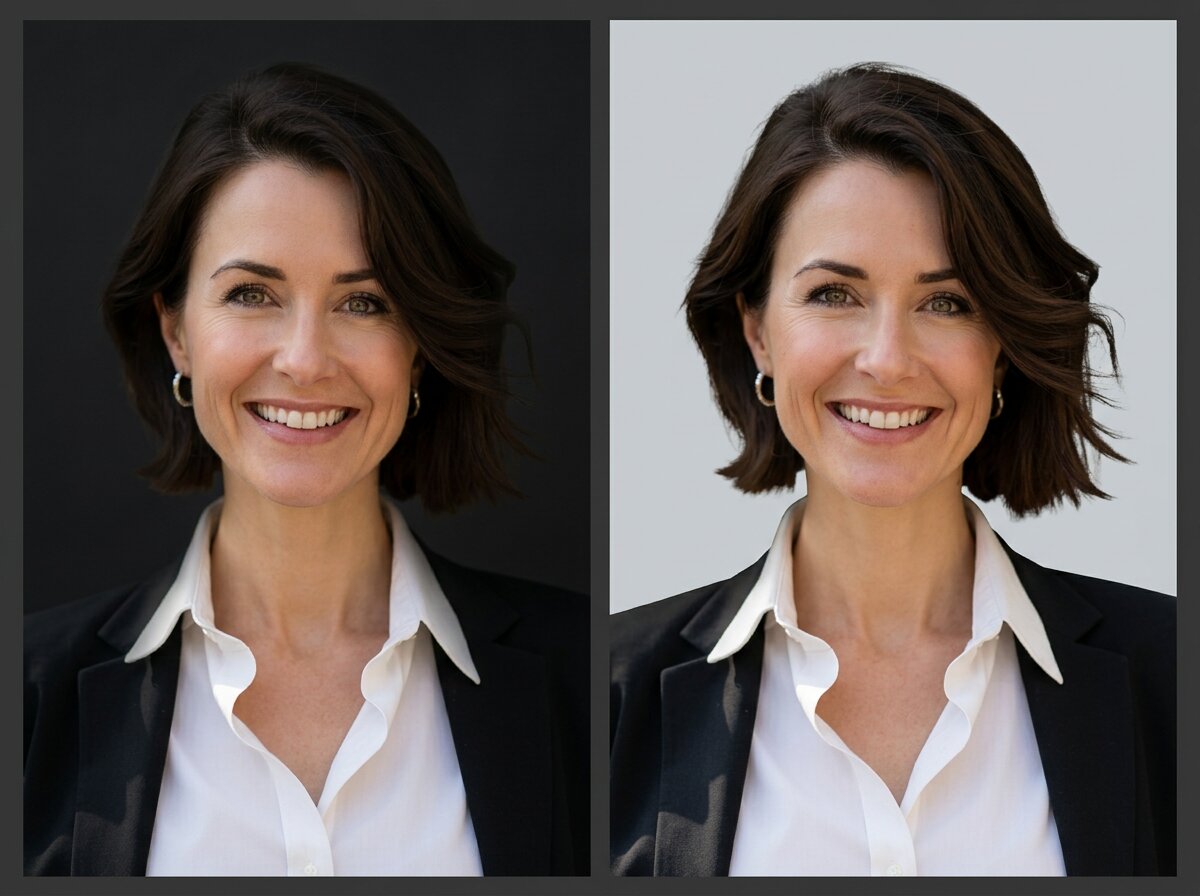 The same headshot on a charcoal background, where dark hair merges into it, beside the same photo on light grey where the outline is clearly separated.