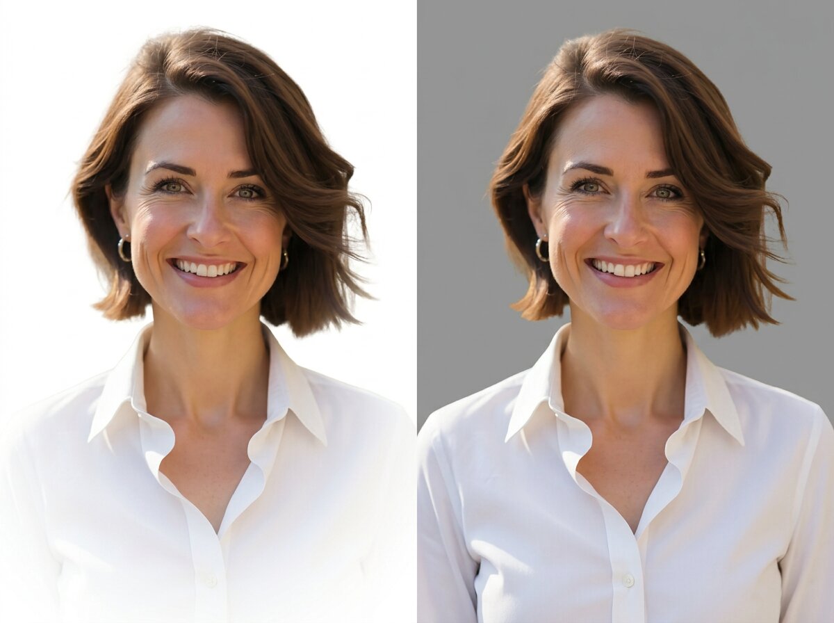 The same headshot in light clothing on white, where the shoulders start to disappear, beside the same photo on mid grey where they stay clearly defined.